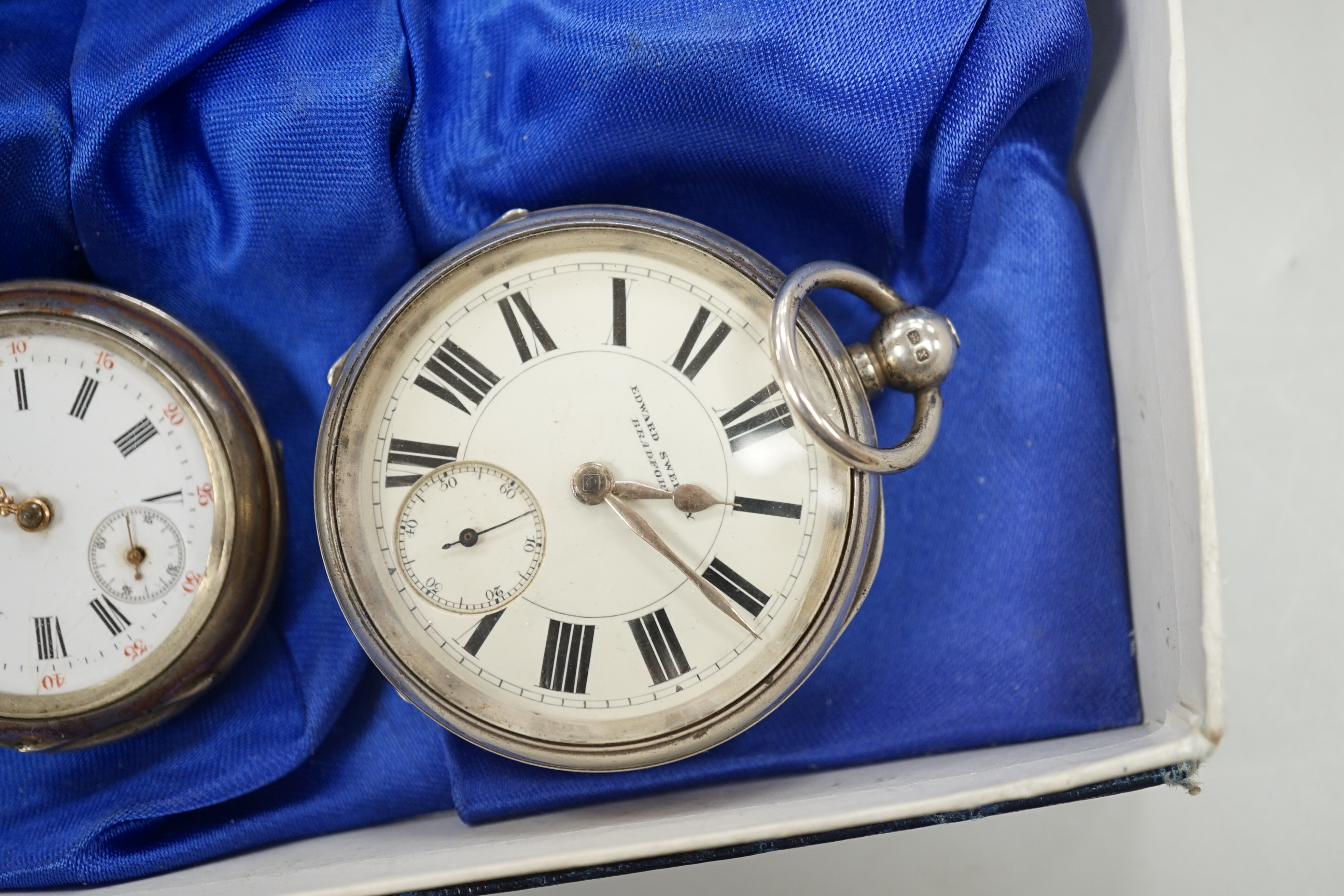 Two silver albert chains, including graduated link and silver gilt(worn), largest 40cm, together with eight assorted pocket or fob watches including silver, white metal and gold plated.